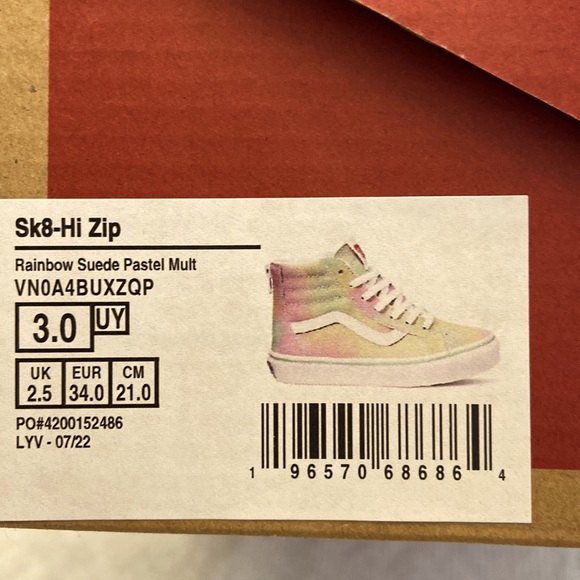 Girls Sk8-Hi Zip Vans - Size 3.0 Youth; Rainbow Suede Pastel - Picture 10 of 12